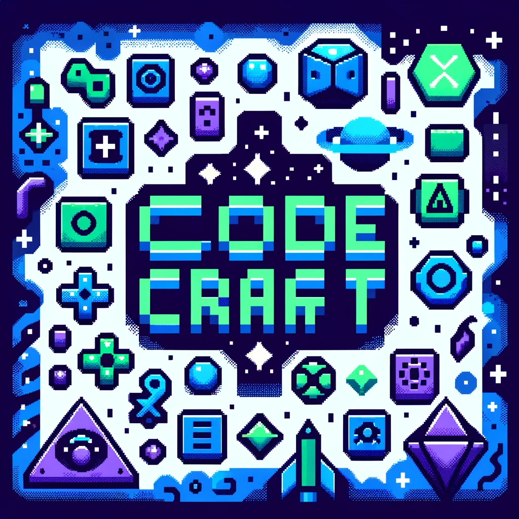 DALL·E 2024-06-01 20.51.17 - pixel art style, Code Craft text, include code symbols, blue, green, purple, modern, minimalist, HD, 8k