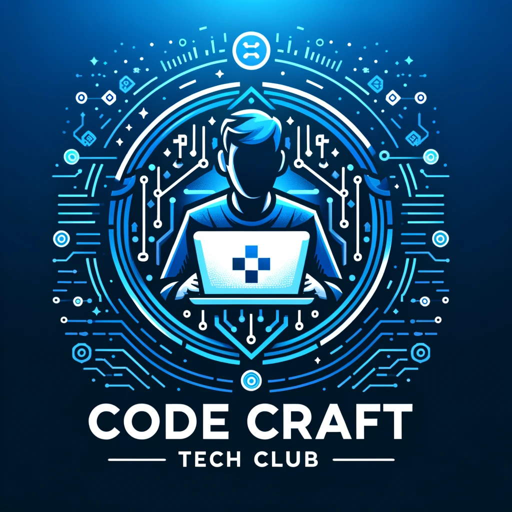 DALL·E 2024-06-01 21.03.43 - Logo design for Code Craft Tech Club with an abstract image of a programmer using a laptop in the center. The design should be modern, minimalist, a